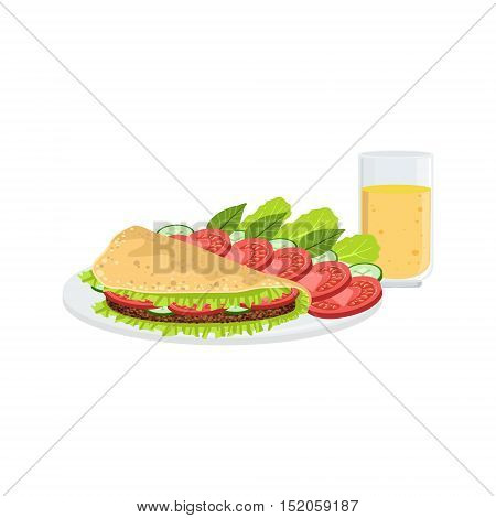 Omelet With Vegetables And Juice Breakfast Food And Drink Set. Morning Menu Plate Illustration In Detailed Simple Vector Design.