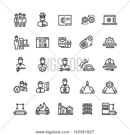 Vector industry engineering mechanical thin line icons. Conveyor machine and process production illustration