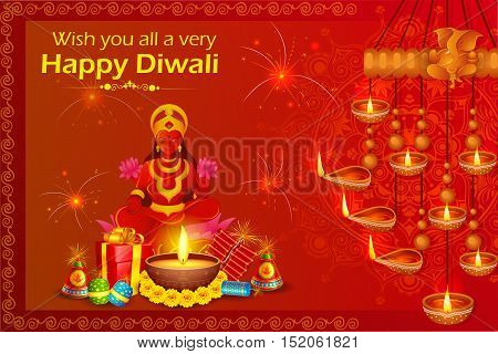 vector illustration of Goddess lakshmi sitting on lotus for Happy Diwali holiday of India