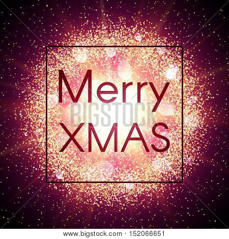 Christmas card on abstract explosion background with gold glittering elements and burst of glowing star. Xmas banner. Chrisrmas dust firework light effect with violet glow. Xmas vector illustration.