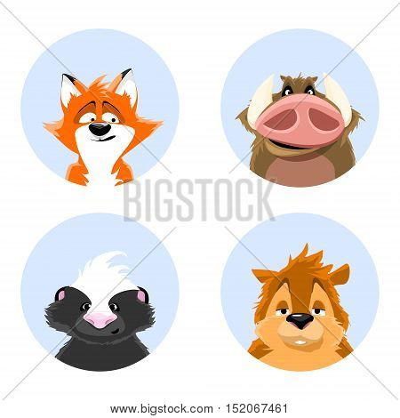 set of avatars wildlife. cute animals on a blue background. skunk, squirrel, wild boar, fox. vector illustrations.