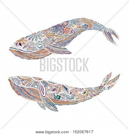 Large Multicolored Whale On A Blue Water Background. An Adult Painted By Hand In The Art Of Differen