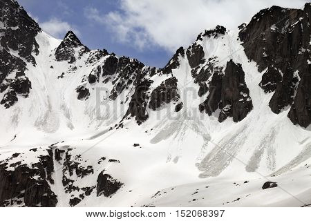 Snow Rocks With Traces From Avalanche In Sun Spring Day