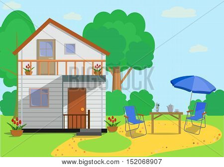The facade of the colorful eco cottage house with chairs, table, parasol, drinks, trees, tulips and garden objects in flat style.