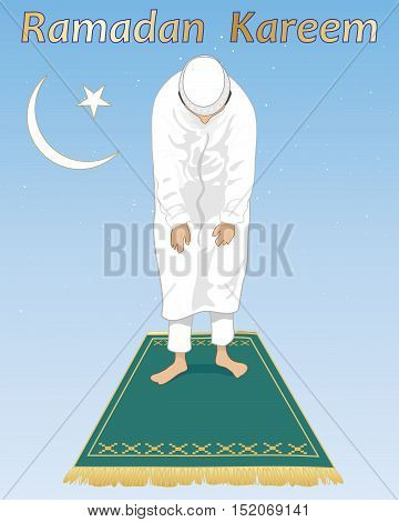 an illustration of a muslim devotee in prayer in the festival of ramadan with islamic symbol and prayer mat on a blue starry background