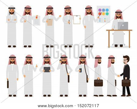 Set of arab working people on white background. Muslim businessman with gadgets in flat design people characters.