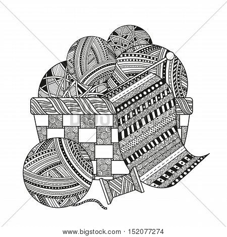 Stock Vector Coloring for adults with a ball of yarn, thread and knit a scarf in a wicker basket. Black-and-white pattern doodle