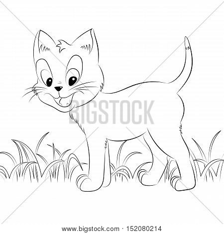 Happy cute outline kitten. Simple cartoon style. Page for art coloring book for kids. Vector illustration