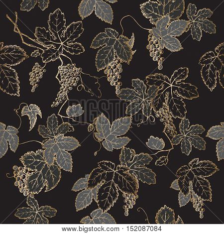 Black and golden grapevine seamless pattern based on hand drawn sketch. Great for wineries, grocery stores, aromatherapy, wine label design.