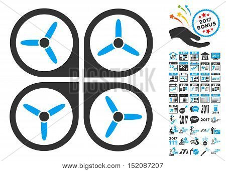 Quadrotor icon with bonus 2017 new year pictures. Vector illustration style is flat iconic symbols, blue and gray colors, white background.