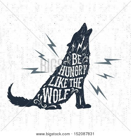 Hand drawn Halloween label with textured wolf vector illustration and 
