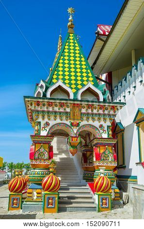 The porch of the church of Izmailovsky Kremlin decorated in traditional Russian style Moscow Kremlin.