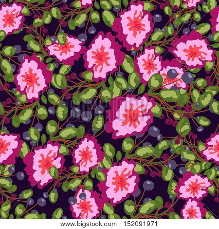 Seamless pattern of small bouquets pink flowers , blue berries and green leaves. Seamless vector print on dark bluebackground. Grouped and isolated