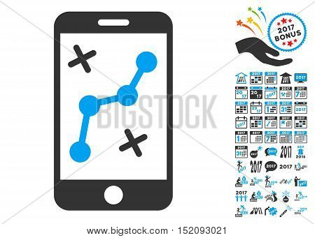 Route Smartphone icon with bonus 2017 new year pictograms. Vector illustration style is flat iconic symbols, blue and gray colors, white background.