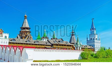 Discover the cultural complex of Izmailovsky Kremlin with various museums craft centers souvenir stores workshops and largest woden church in Russia Moscow.