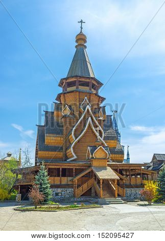 The facade of the timbered St Nicholas Church the proud of Izmailovsky Kremlin the tallest wooden church in Russia Moscow.