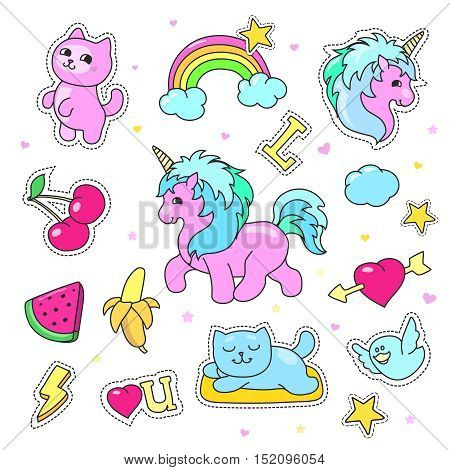 Patch badges with hearts, unicorn, clouds, cats, Vector illustration for girls isolated on white background. Set of stickers, pins, patches in cartoon comic style.