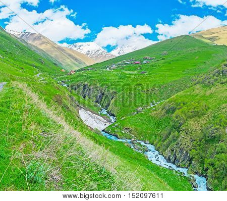 The Juta village located at the Chaukhi Mountain Range and is the highest settlements in Kazbegi Georgia.