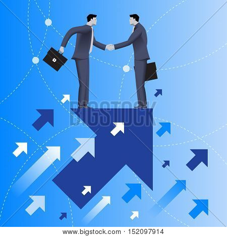 Mutual benefit business concept. Two businessmen shaking each other hands standing on top of arrow flying up. Concept of deal benefit common ground contract agreement. Vector illustration.