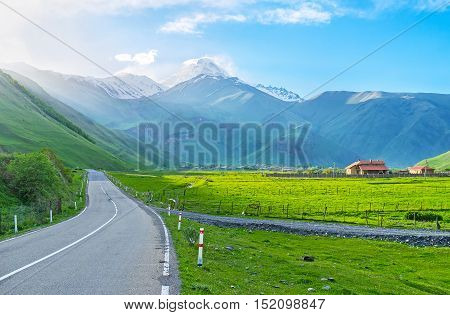 The highway leads from the Sno valley to the Georgian Military Road at the foot of Kazbek Mount Kazbegi Georgia.