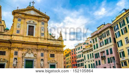 Genova colorful buildings church piazza giacomo matteotti liguria vivid italy Genoa architecture