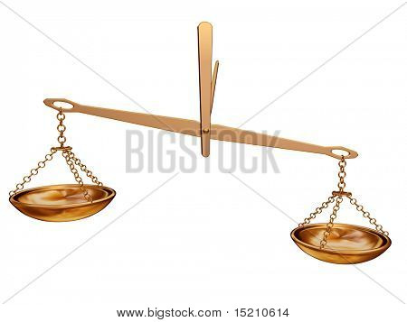 golden balance scale isolated on white