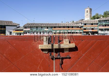 Chinchon Spain - October 15 2016: Detail of burladeros Traditional bullfighting stamp in the main square of chinchon during the festival charity Chinchon Madrid province Spain