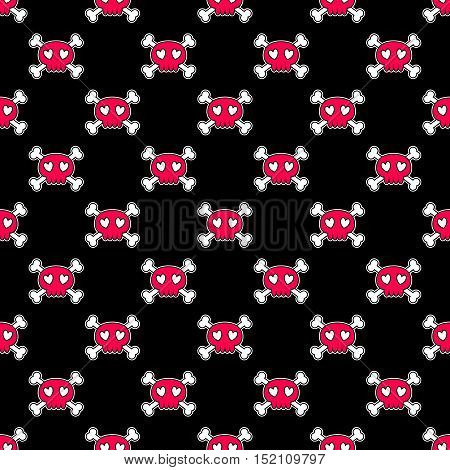 Seamless Halloween pattern. Wallpaper with pink skulls on black background. Tileable backdrop with Halloween symbols. Vector illustration.