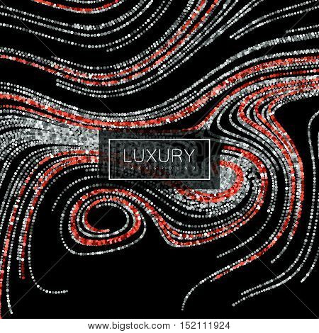 Luxury festive background with shiny red ruby and silver glitters. Vector illustration of red glittering swirled stripes texture. Marbling effect