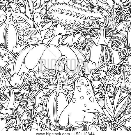 Seamless garden pattern in doodle style. Floral, ornate, decorative, tribal vector design elements. Black and white monochrome background. Pumpkins, berries and leaves. Zentangle coloring book page