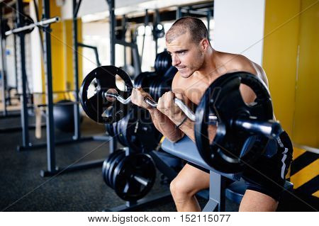 Strong ripped man training bicepses in gym