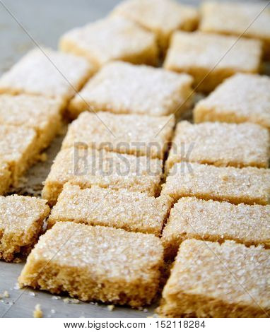Delicious homemade sugar cookies made from semolina, butter, flour and sugar. Crumbly, delicate texture, the sugar crust on top. A little sweetness to the tea on gray background. Selective focus
