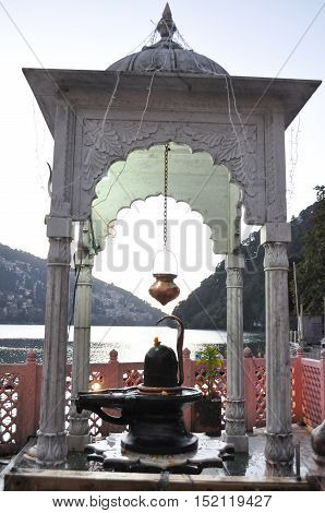 November 11, 2015: Shivling at Naina Devi Temple, the temple devoted to Naina Devi is situated right on Naini Lake near Flat at Mallital, Nainital, Uttarakhand India.
Nainital is a popular hill station in Uttarakhand, named after the Goddess Naina Devi. I