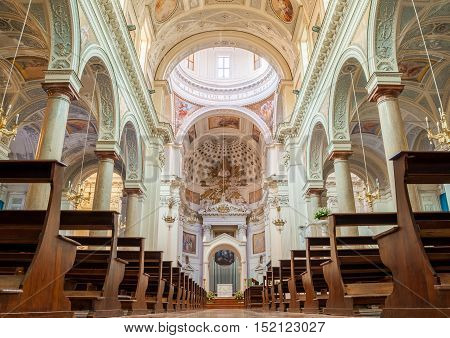 TRAPANI ITALY - SEPTEMBER 12 2015: Interior of the Basilica of St. Lawrence the Martyr is the cathedral of the Roman Catholic Diocese of Trapani Sicily Italy.