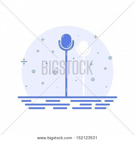 Vector illustration of icon concept retro microphone on stage in line style. Scene for comedy stand up, presentation, seminar, public interview, singing. Outine design isolated on white background.