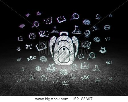 Learning concept: Glowing Backpack icon in grunge dark room with Dirty Floor, black background with  Hand Drawn Education Icons
