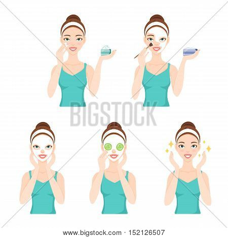 Attractive pretty young woman dressed in casual t-shirt care her face and skin using cream and applying natural mask. Facial treatment procedures skincare healthy lifestyle.