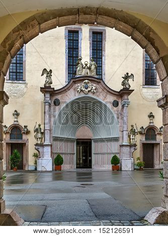 Lilienfeld Abbey is a Cistercian monastery in Lilienfeld in Lower Austria south of Sankt Polten. Portal of abbey church