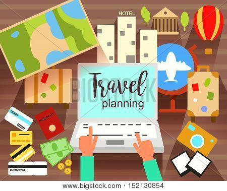 Travel Planning flat vector illustration. Prepairing for journey. Searching, booking. Objects and Icons. Eps 10