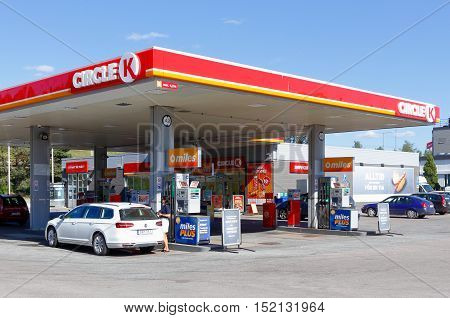 Sodertalje, Sweden - June 4, 2016: Cars are refuling at the self service station with brand Circle K in Sodertalje at the Verkstadsvagen street.