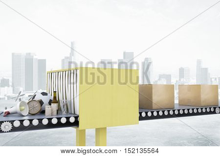 Mail conveyor on city background. Packaging service and parcel transportation system concept. 3D Rendering