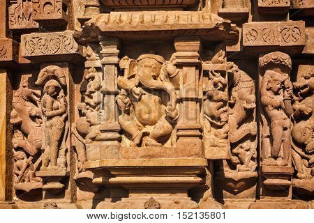 Famous stone carving sculptures pf Ganesha, Lakshmana  Temple, Khajuraho, India. Unesco World Heritage Site