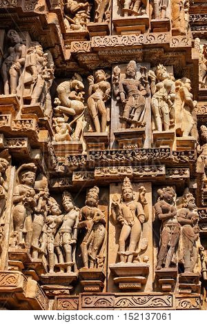 Famous stone carving sculptures, Vishvanath Temple, Khajuraho, India. Unesco World Heritage Site