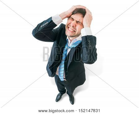 Businessman Has Headache And Is Holding His Head. View From Top.