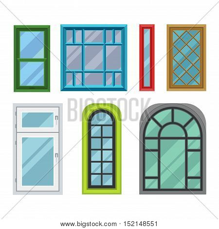 Different types house windows vector elements isolated on white background. Windows elements flat vector style. Vector windows frames. Windows isolated on white