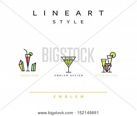 Cocktail wineglass vector icon style line art. Monogram emblem element design style lineart.