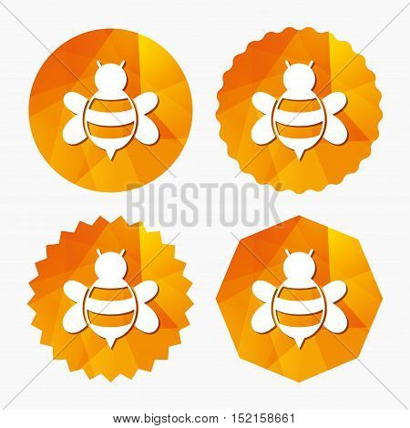 Bee sign icon. Honeybee or apis with wings symbol. Flying insect. Triangular low poly buttons with flat icon. Vector