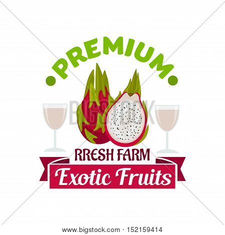 Exotic tropical dragon fruit symbol with asian ripe pitahaya and fresh juice glasses, decorated by pink ribbon banner. Exotic food and dessert drink design