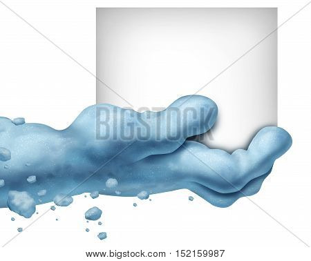 Snowman snow hand sign as cold ice frost fingers holding a banner with blank copy space as a winter season message with 3D illustration elements.