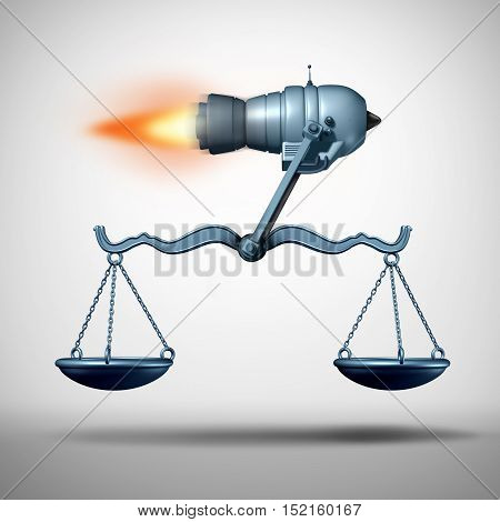 Fast track law service and lawyer services concept as a rocket moving a justice scale as a symbol of the quick legal advice or timely passage of government legislation and enforcing rights and regulations as a 3D illustration.